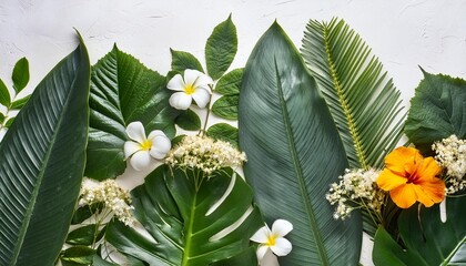 Wall Mural - natural rainforest leaves with flowers on white background png