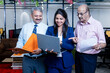 © GAJENDRRA BHATI  - Young Indian professional woman discussing about company growth with two senior businessman using laptop in corporate office. entrepreneur and workplace concept.