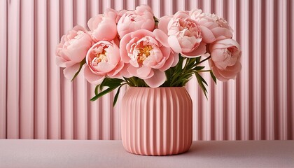 Wall Mural - pink peonies vibrant and full are arranged in a pink vase textured with vertical ridges