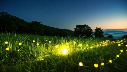 Wall Mural - firefly on a grass field at night