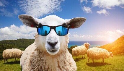 Wall Mural - funny sheep wearing sunglasses generative ai