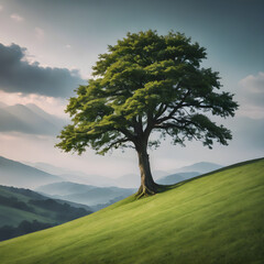 Wall Mural - single tree on grass hill