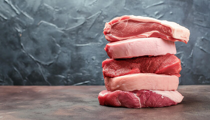 Wall Mural - Stack of raw meat pieces on dark stone background. Fresh steaks. Organic and tasty product.