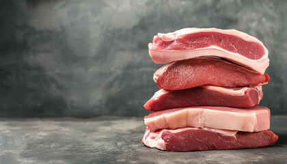 Wall Mural - Stack of raw meat pieces on dark stone background. Fresh steaks. Organic and tasty product.