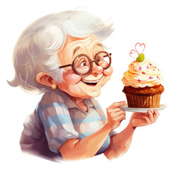 Wall Mural - PNG Cute grandma eating cupcake dessert glasses food.