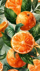 Wall Mural - Watercolor backdrop featuring ripe juicy oranges