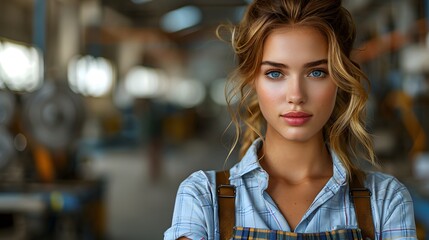 Confident woman in casual attire with an industrial background, posing with a piercing gaze, highlighting the blend of beauty and strength.