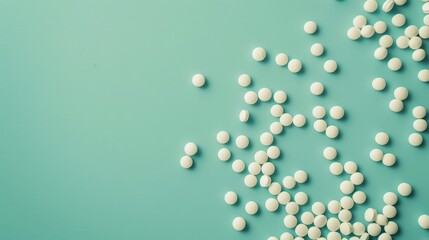 Sticker - Scattered pain relief tablets on turquoise background with space around