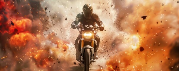 Motorcyclist escaping through massive explosions in a high-speed chase.