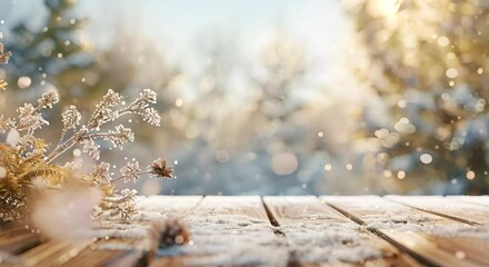 Wall Mural - A wooden table covered in snow with a pine branch and pine cone on it. There are blurred out snow covered trees in the background and snow is falling.