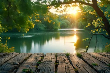 Wall Mural - A wooden dock overlooking a peaceful lake at sunset.