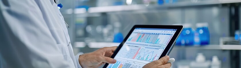 Doctor using a tablet for medical data analysis in a modern laboratory setting, showcasing advanced healthcare technology applications.