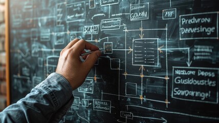 Hand drawing data flow diagram on a blackboard. Concept of planning, strategy, and organization in software development and business management.