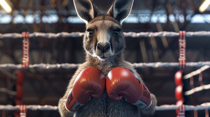 Wall Mural - A kangaroo wearing boxing gloves stand strong in a boxing ring