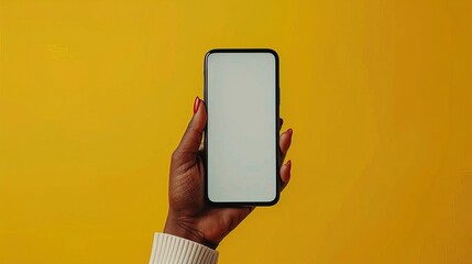 black woman's hand showing big smartphone, white screen empty copy space for advertising banner isolated on yellow background