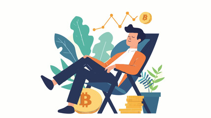 Wall Mural - Passive income and market investing flat vector illustration. Investor man relax in chair and get money profits