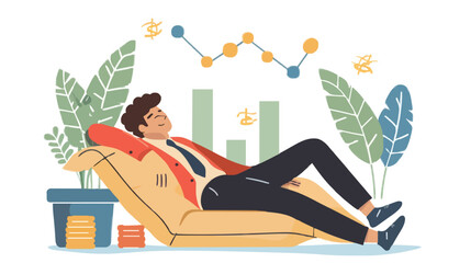 Wall Mural - Passive income and market investing flat vector illustration. Investor man relax in chair and get money profits