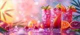 Fototapeta Sypialnia - A row of colorful drinks with a pink background