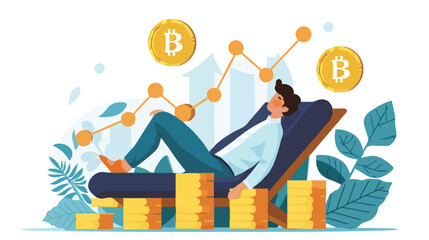 Wall Mural - Passive income and market investing flat vector illustration. Investor man relax in chair and get money profits