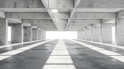 Sticker - A large, empty parking garage with a lot of concrete pillars