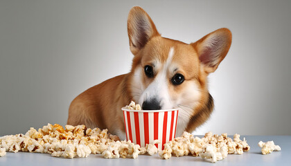 Wall Mural - Corgi Enjoying Popcorn Delight