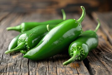 Wall Mural - A close-up image of four fresh green jalapeno peppers placed on a rustic wooden surface, showcasing their shiny, smooth skin and vibrant color in a visually appealing and appetizing manner