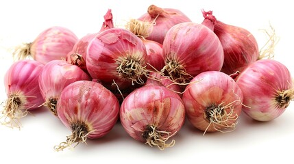 Wall Mural - A group of vibrant red onions with roots attached, clustered together on a white background, showcasing their fresh and natural appearance