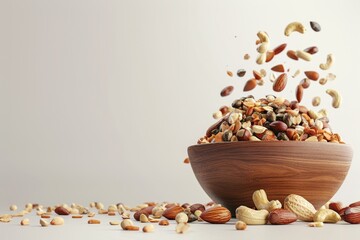 Grain splashing in a wooden bowl on white background