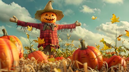 3d render of a cheerful scarecrow in a pumpkin patch on a pastel lime background, no peaple