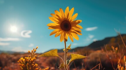 Canvas Print - Vivid single yellow sunflower in morning sunlight against blue sky