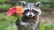 © Galib - A cute raccoon holding a bouquet of flowers.