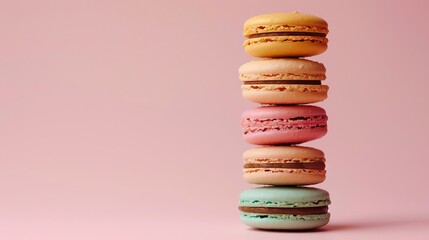 Wall Mural - A stack of colorful macarons on a pink background.