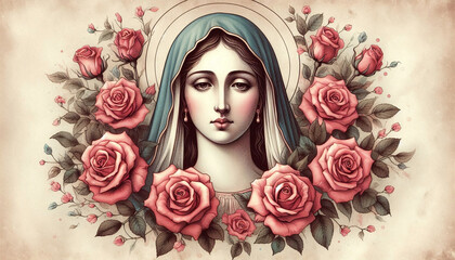 Old school vintage illustration. Portrait of Mother Mary with roses. Marian imagery, watercolor tones