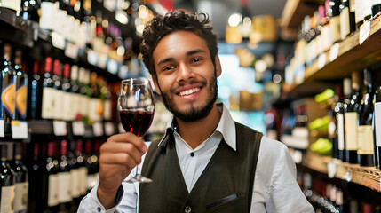 Sticker - Smiling Italian salesman showcasing premium red wine glass among wine bottles in luxury wine store. Customer service and small business concept.