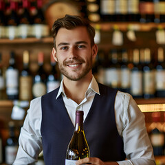 Sticker - Young friendly Italian salesman proudly holding top-quality red wine bottle in wine store. Customer service and small business concept.