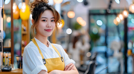 Wall Mural - Korean female hairdresser in shirt and apron, standing with crossed arms in a luxury hair salon, exuding professionalism.