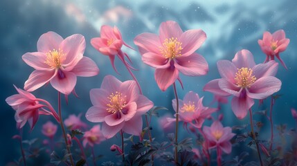 Poster - Pink Columbine Flowers Blooming in a Dreamlike Forest Setting