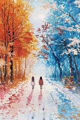 Wall Mural - A delicate and simple painting features a straight path of snow running through the center