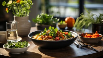 Canvas Print - Delicious Pasta Dish on Wooden Table