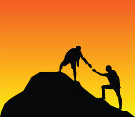 Two Adventurous Hikers Helping Each other to Climb on a Hill. Mountain climbing and outdoors activities concept vector