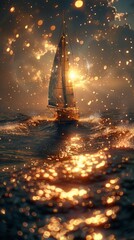 Poster - A golden sailboat was floating on the water towards the shore