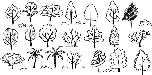 Wall Mural - Tree sketch set. Silhouette of forest plant. Doodle outline black wood. Collection of branch decoration. Cartoon park foliage trunk. Abstract landscape