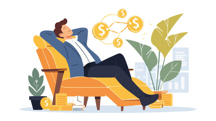 Wall Mural - Passive income and market investing flat vector illustration. Investor man relax in chair and get money profits, stock dividends. Remote freelance work or trading online. Financial freedom concept.