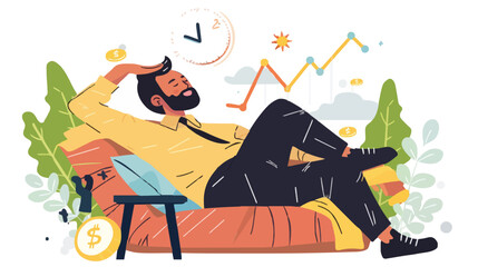 Wall Mural - Passive income and market investing flat vector illustration. Investor man relax in chair and get money profits, stock dividends. Remote freelance work or trading online. Financial freedom concept.