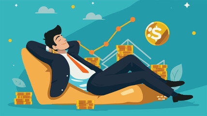 Wall Mural - Passive income and market investing flat vector illustration. Investor man relax in chair and get money profits, stock dividends. Remote freelance work or trading online. Financial freedom concept.