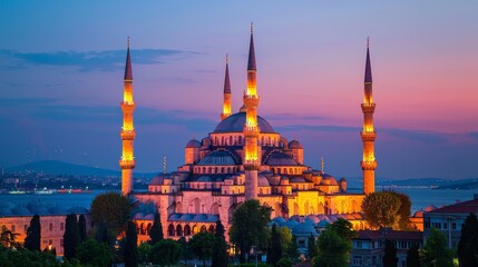 Sunset illuminates the renowned Blue Mosque, its vibrant facade casting a picturesque glow against the twilight sky in Istanbul, Turkey.