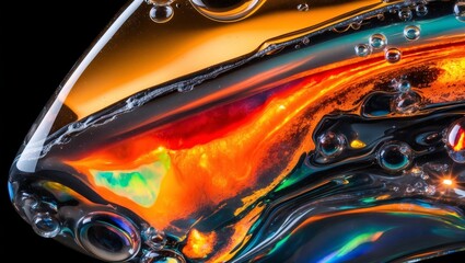 Wall Mural - Iridescent liquid surface with bubbles reflecting light