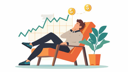 Wall Mural - Passive income and market investing flat vector illustration. Investor man relax in chair and get money profits, stock dividends. Remote freelance work or trading online. Financial freedom concept.