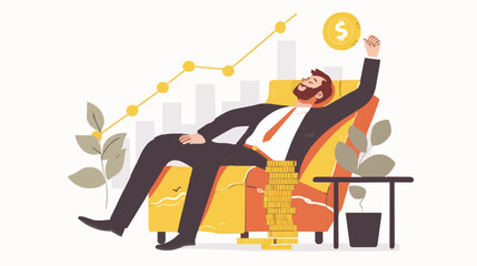 Wall Mural - Passive income and market investing flat vector illustration. Investor man relax in chair and get money profits, stock dividends. Remote freelance work or trading online. Financial freedom concept.