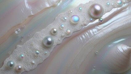 Poster - Pearls and iridescent bubbles inside a white seashell